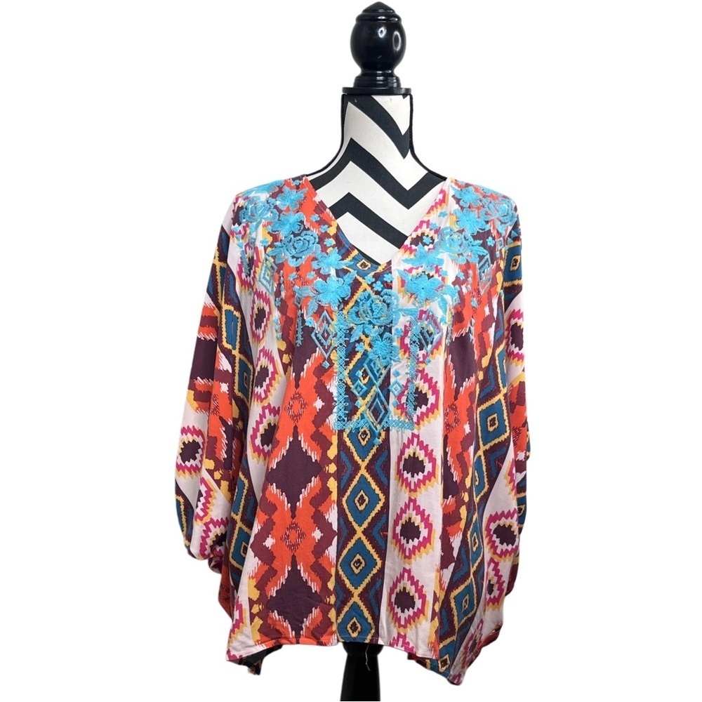 NWOT Savanna Jane Embroidered Aztec Boho Western Sz S Dolman Sleeve Blouse